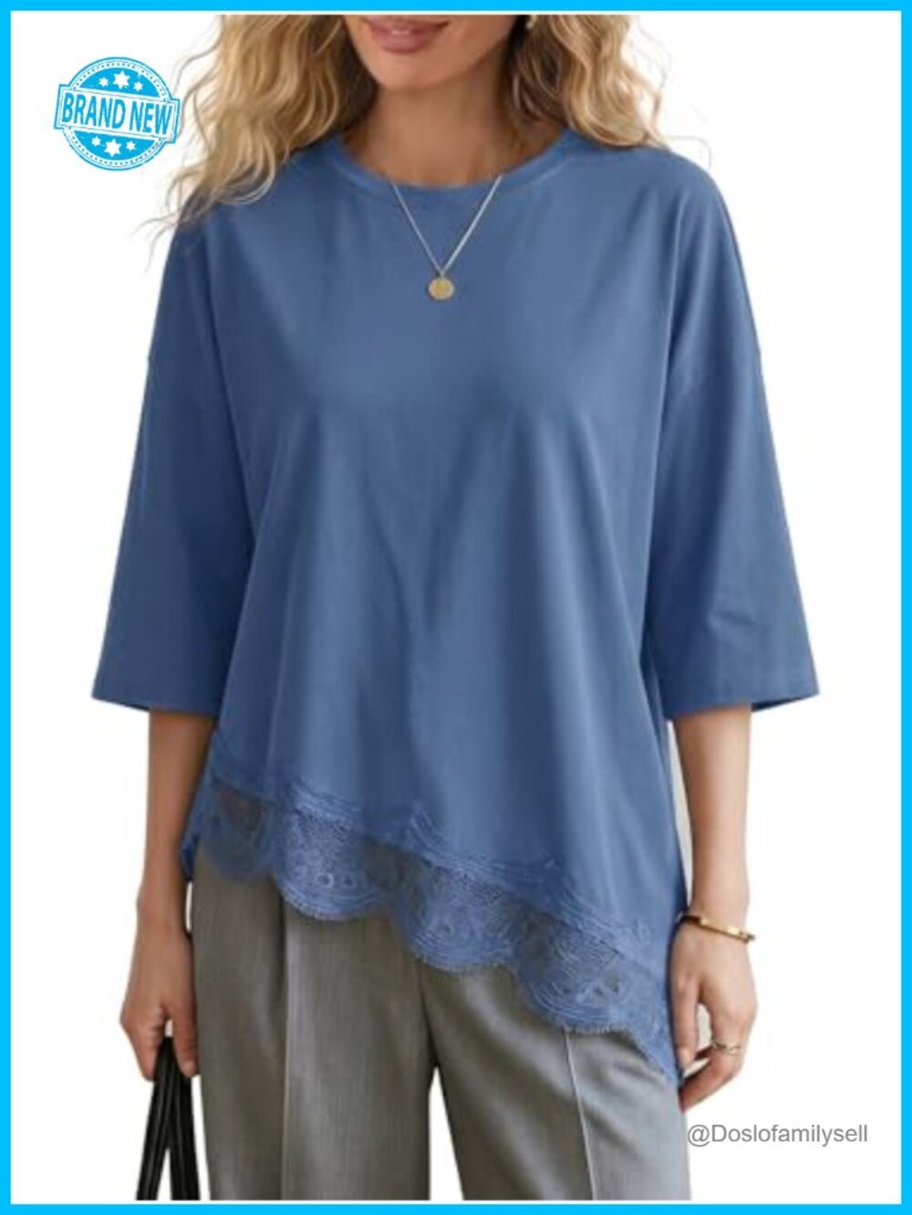 Womens Oversized Lace Trim Half Sleeve Tunic Top Loose Fit Asymmetrical Hem